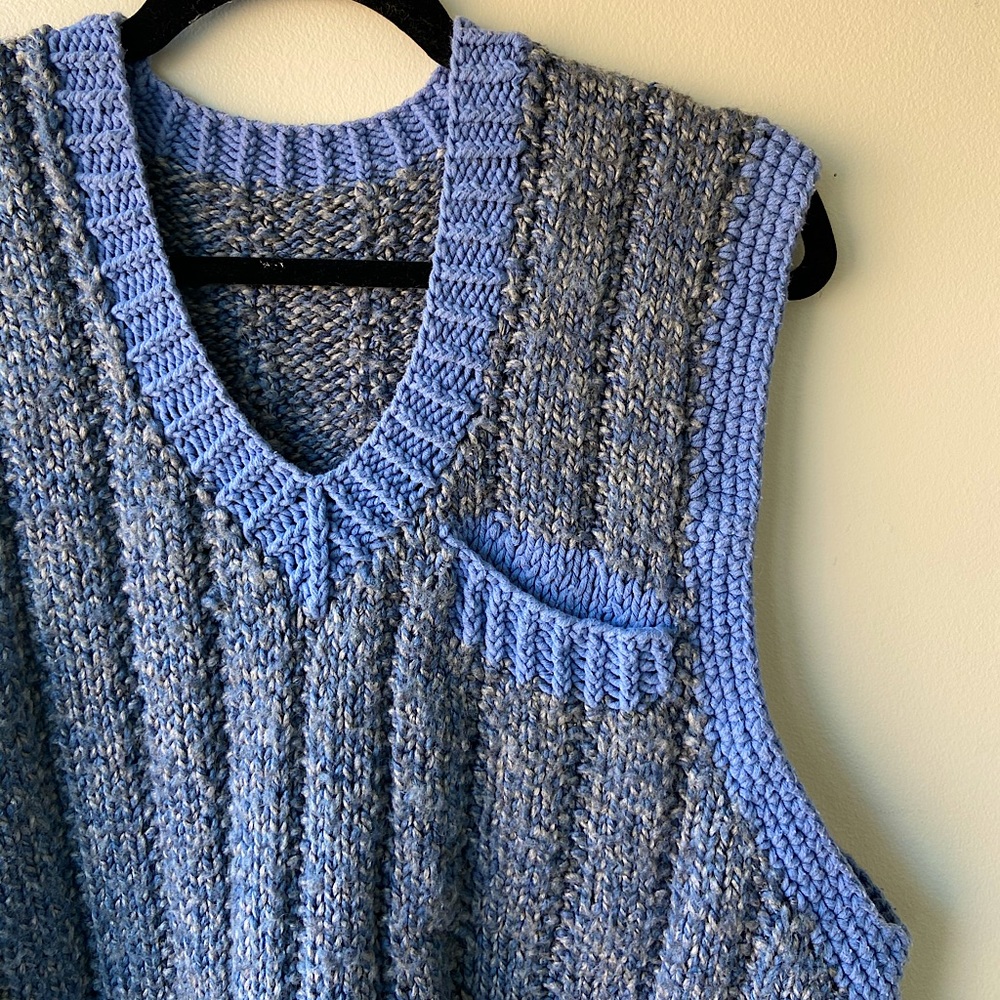 Gray and blue knit sweater vest